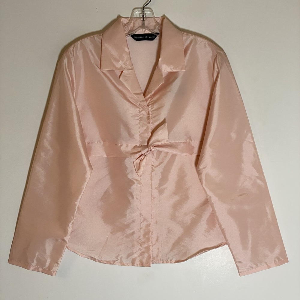 Preston & York Top Womens 10 Baby Pink Bow Accent Glam Holiday Satin Pastel Chic